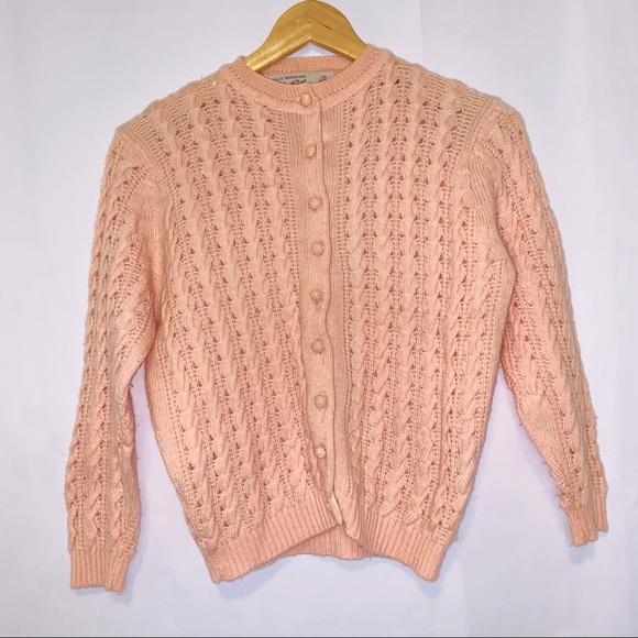Vintage Sweaters - Vintage Miss Gotham 100% Virgin Wool Pink Crochet Knit Cardigan Sweater